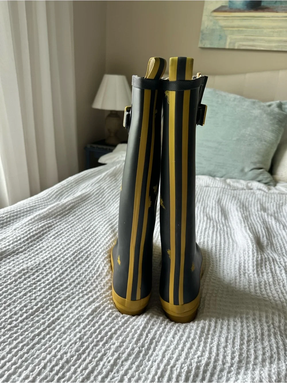 Joules Field Welly Womens Rain Boot Black Gold Bee Print Tall Rubber US 10 EU 42